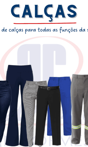 Variedade de calças profissionais PetroPita Uniformes – modelos femininos e masculinos em jeans, brim, social, legging, flare, xadrez e com faixas refletivas. Conforto, estilo e segurança para diferentes funções da equipe.