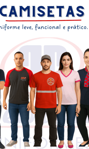 Camisetas profissionais PetroPita – modelos personalizados masculinos e femininos em diversas cores, com opções de gola careca, gola V e detalhes diferenciados. Uniformes leves, práticos e funcionais para empresas.