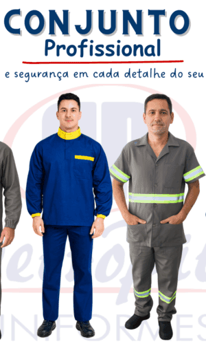 Conjuntos profissionais PetroPita – modelos em brim, com calça e camisa de manga longa ou curta, nas cores cinza e azul com detalhes em amarelo e faixas refletivas. Uniformes resistentes para indústria e serviços gerais.