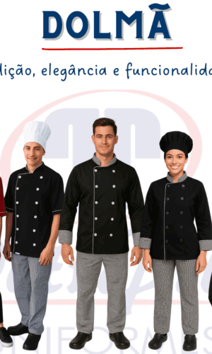 Dolmã profissional PetroPita Uniformes – modelos masculino e feminino em cores preta e vermelha, com botões frontais duplos, estilo tradicional de chef de cozinha. Roupa para gastronomia com elegância e funcionalidade.