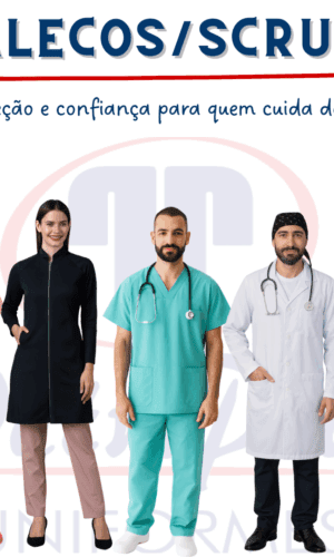 Jalecos e scrubs profissionais PetroPita – modelos femininos e masculinos em branco, preto, verde e rosa. Uniformes hospitalares para médicos, enfermeiros e profissionais da saúde, com proteção e confiança.