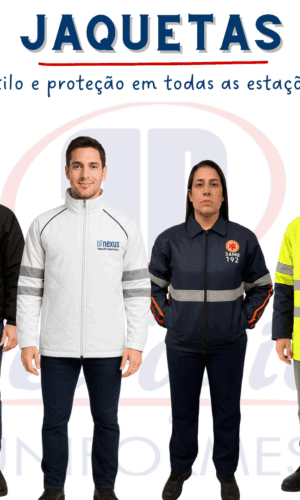 Jaquetas profissionais PetroPita – modelos personalizados em preto, branco, azul marinho e amarelo fluorescente com faixas refletivas. Estilo e proteção para empresas, equipes externas e áreas de risco.
