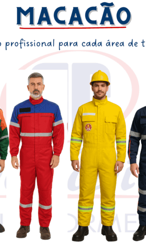Macacões profissionais PetroPita – modelos em verde, vermelho, amarelo e azul marinho, com faixas refletivas e detalhes personalizados. Uniformes de proteção para indústrias, eletricistas, brigadistas e equipes de resgate.