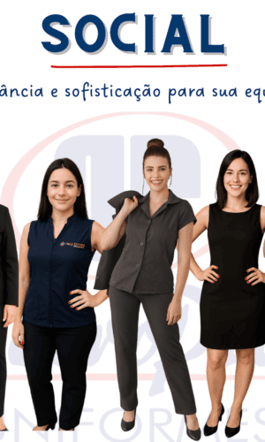 Uniformes sociais femininos PetroPita – conjuntos com blazer, calça social, vestido preto, coletes e camisas femininas. Elegância, sofisticação e conforto para equipes corporativas e de atendimento.